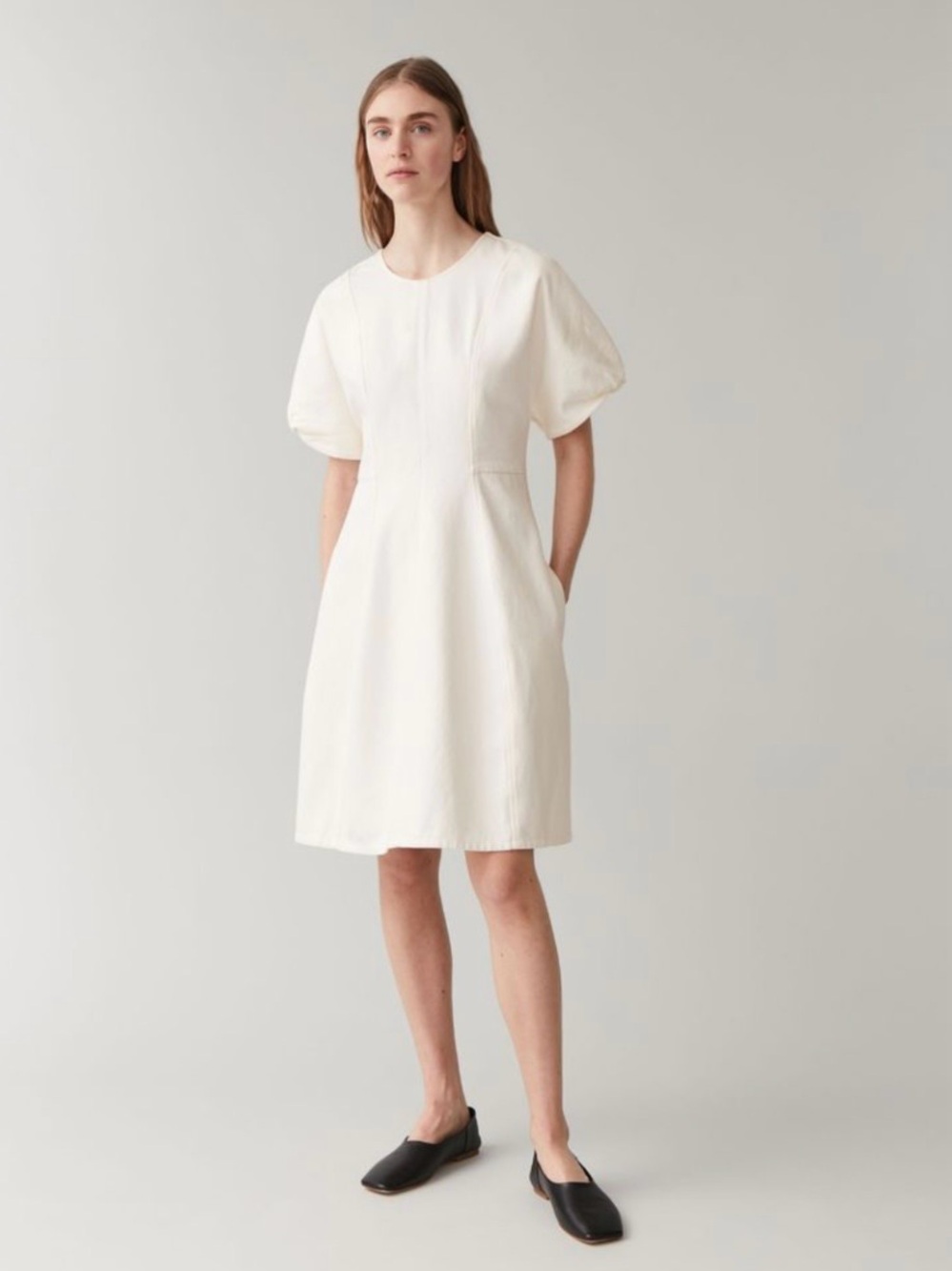 COS cotton White Puff-Sleeve A-Line Dress
